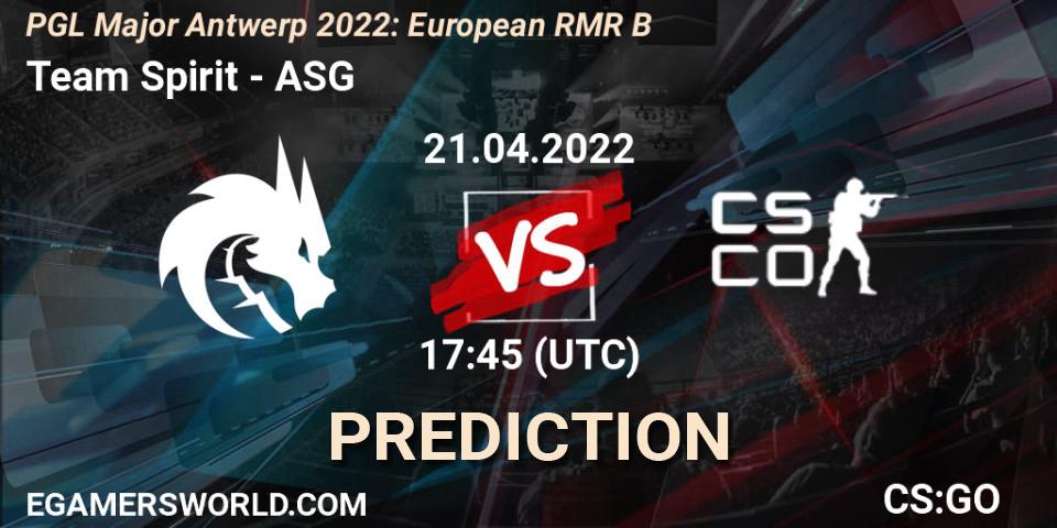 Team Spirit contre ASG : prédiction de match. 21.04.2022 at 17:40. Counter-Strike (CS2), PGL Major Antwerp 2022: European RMR B