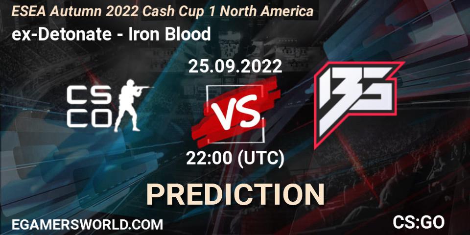 ex-Detonate contre Iron Blood : prédiction de match. 25.09.2022 at 22:00. Counter-Strike (CS2), ESEA Autumn 2022 Cash Cup 1 North America