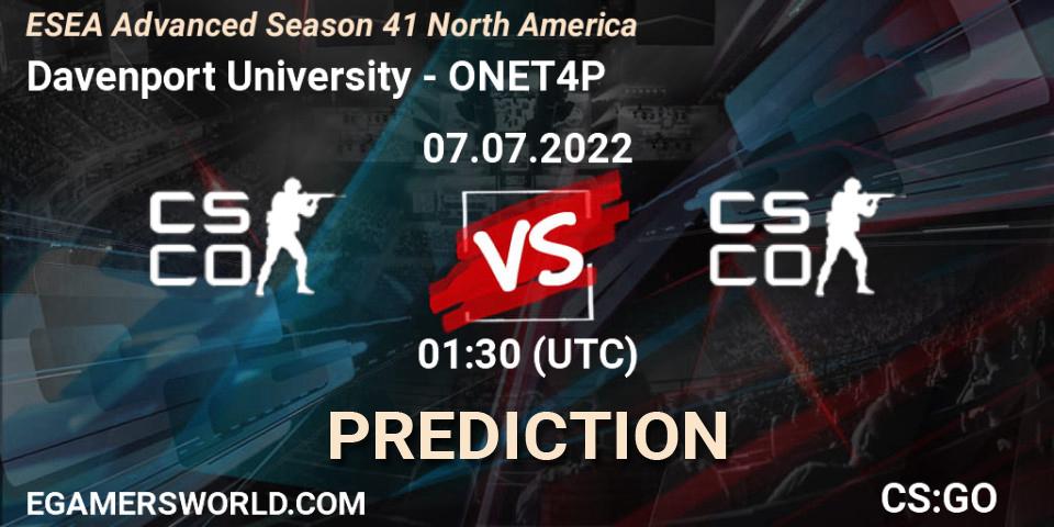 Davenport University contre ONET4P : prédiction de match. 07.07.2022 at 01:00. Counter-Strike (CS2), ESEA Advanced Season 41 North America