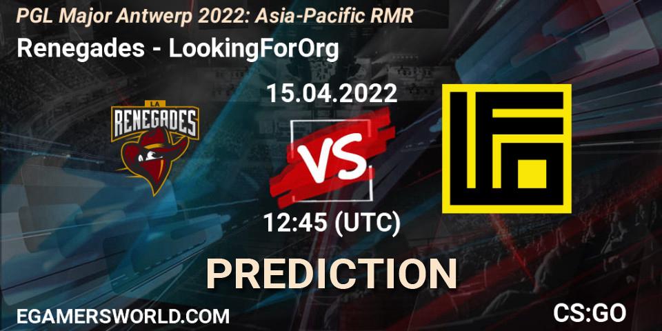 Renegades contre LookingForOrg : prédiction de match. 15.04.2022 at 11:50. Counter-Strike (CS2), PGL Major Antwerp 2022: Asia-Pacific RMR