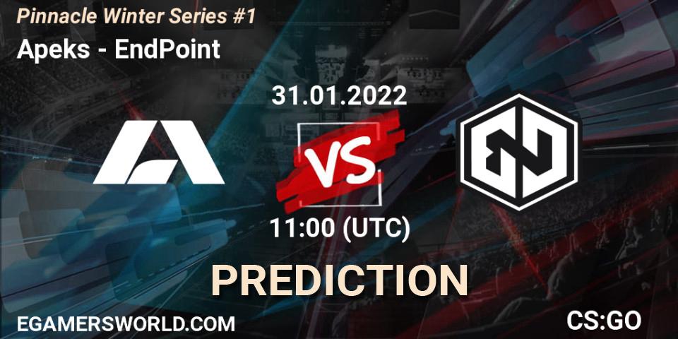 Apeks contre EndPoint : prédiction de match. 31.01.2022 at 11:00. Counter-Strike (CS2), Pinnacle Winter Series #1