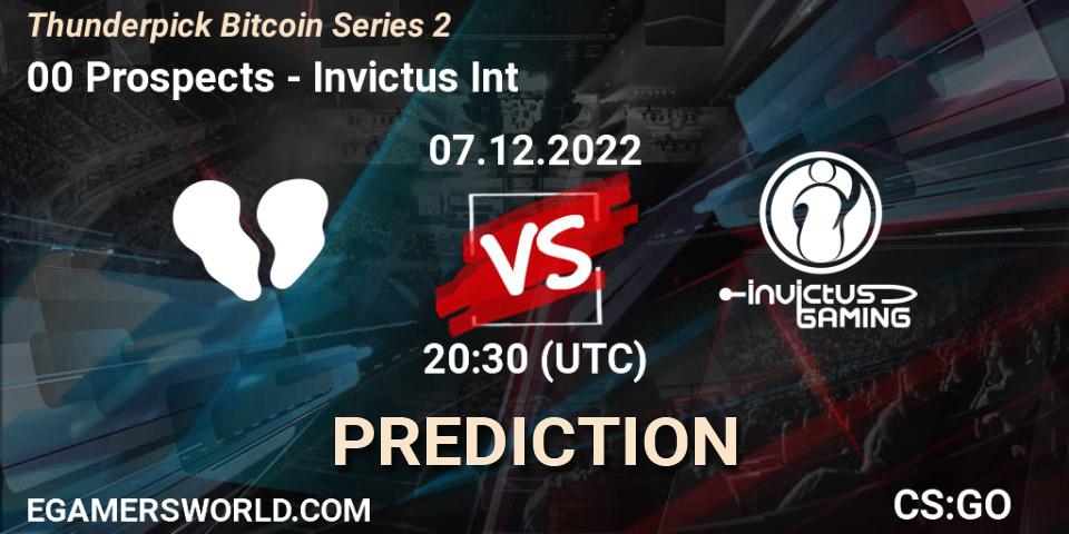 00 Prospects contre Invictus Int : prédiction de match. 07.12.2022 at 20:30. Counter-Strike (CS2), Thunderpick Bitcoin Series 2