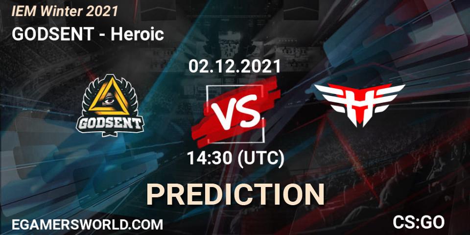 GODSENT contre Heroic : prédiction de match. 02.12.2021 at 17:00. Counter-Strike (CS2), IEM Winter 2021