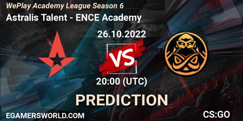 Astralis Talent contre ENCE Academy : prédiction de match. 26.10.2022 at 20:35. Counter-Strike (CS2), WePlay Academy League Season 6