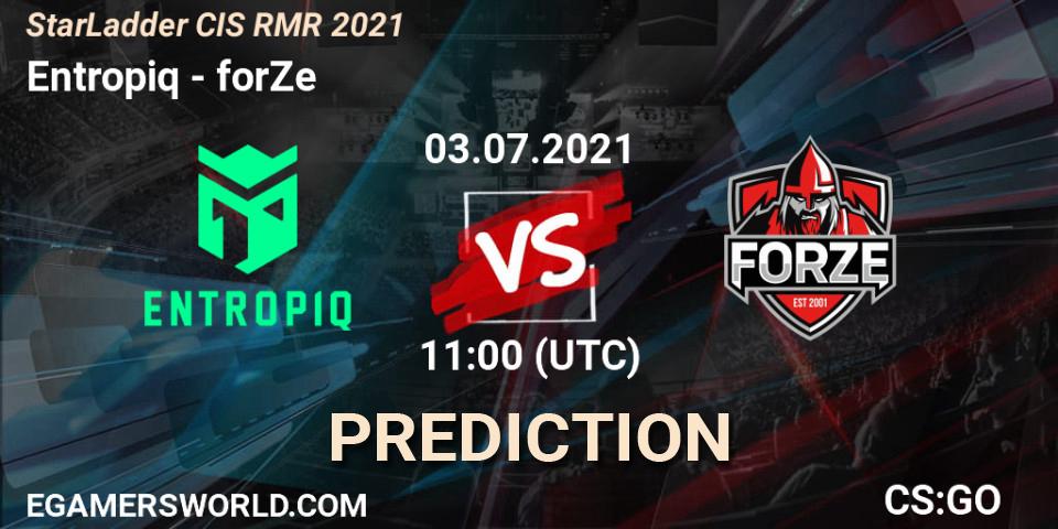 Entropiq contre forZe : prédiction de match. 03.07.2021 at 11:00. Counter-Strike (CS2), StarLadder CIS RMR 2021