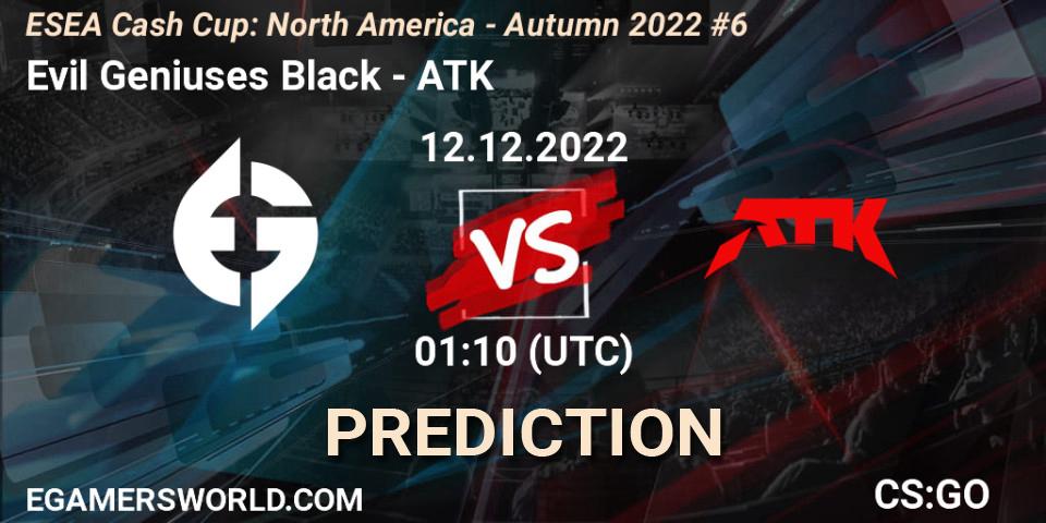 Evil Geniuses Black contre ATK : prédiction de match. 12.12.2022 at 01:10. Counter-Strike (CS2), ESEA Cash Cup: North America - Autumn 2022 #6