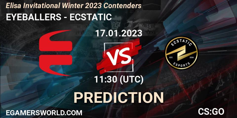 EYEBALLERS contre ECSTATIC : prédiction de match. 17.01.2023 at 11:30. Counter-Strike (CS2), Elisa Invitational Winter 2023 Contenders
