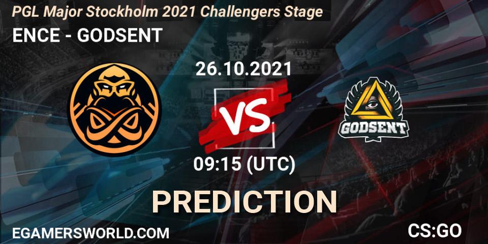 ENCE contre GODSENT : prédiction de match. 26.10.2021 at 09:35. Counter-Strike (CS2), PGL Major Stockholm 2021 Challengers Stage