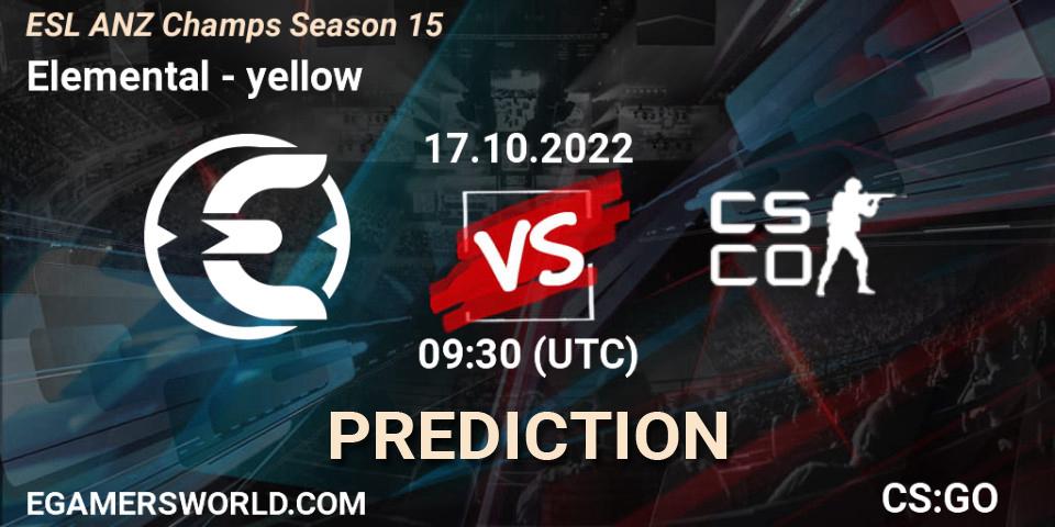 Elemental contre yellow : prédiction de match. 17.10.2022 at 09:30. Counter-Strike (CS2), ESL ANZ Champs Season 15