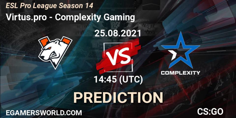 Virtus.pro contre Complexity Gaming : prédiction de match. 25.08.2021 at 16:05. Counter-Strike (CS2), ESL Pro League Season 14