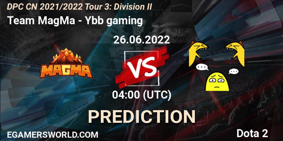 Team MagMa contre Ybb gaming : prédiction de match. 26.06.2022 at 03:57. Dota 2, DPC CN 2021/2022 Tour 3: Division II