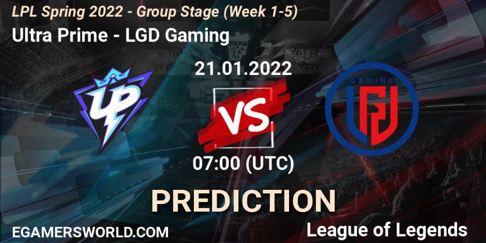 Ultra Prime contre LGD Gaming : prédiction de match. 21.01.2022 at 07:00. LoL, LPL Spring 2022 - Group Stage (Week 1-5)