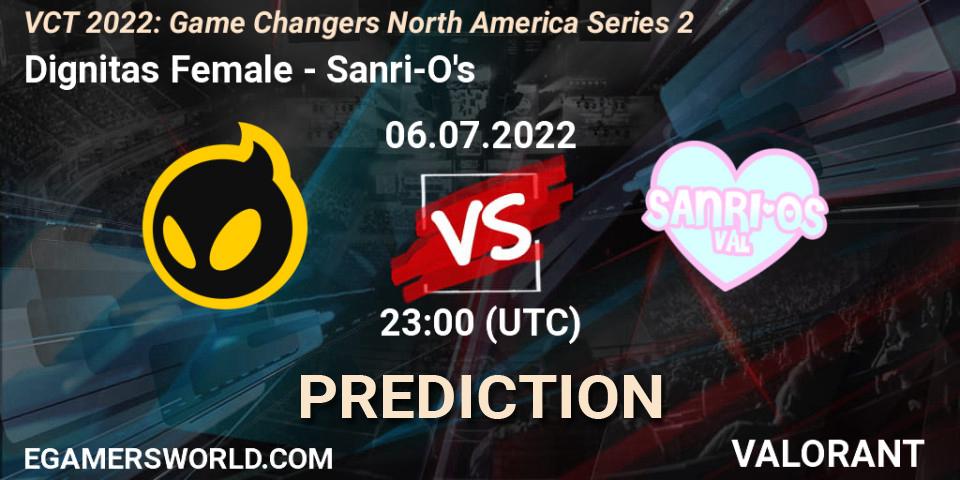 Dignitas Female contre Sanri-O's : prédiction de match. 06.07.2022 at 20:10. VALORANT, VCT 2022: Game Changers North America Series 2