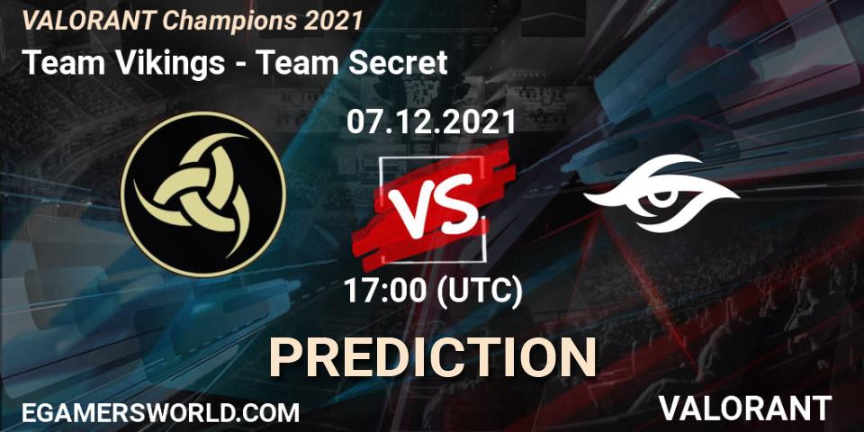 Team Vikings contre Team Secret : prédiction de match. 07.12.2021 at 18:30. VALORANT, VALORANT Champions 2021
