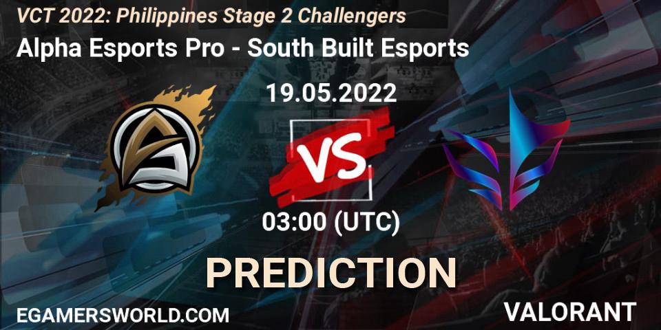 Alpha Esports Pro contre South Built Esports : prédiction de match. 19.05.2022 at 03:00. VALORANT, VCT 2022: Philippines Stage 2 Challengers