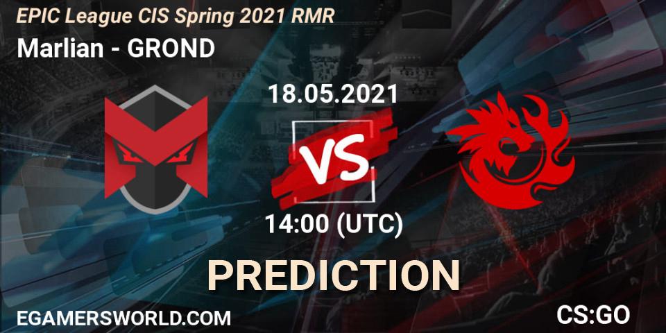 Marlian contre GROND : prédiction de match. 18.05.2021 at 14:00. Counter-Strike (CS2), EPIC League CIS Spring 2021 RMR