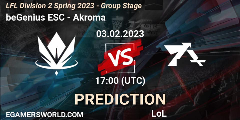 beGenius ESC contre Akroma : prédiction de match. 03.02.2023 at 17:00. LoL, LFL Division 2 Spring 2023 - Group Stage
