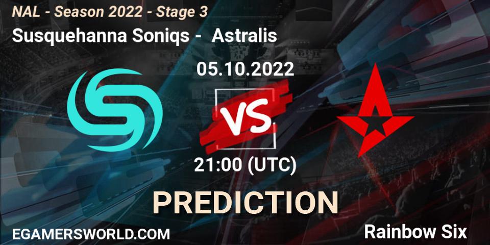 Susquehanna Soniqs contre Astralis : prédiction de match. 05.10.2022 at 21:00. Rainbow Six, NAL - Season 2022 - Stage 3