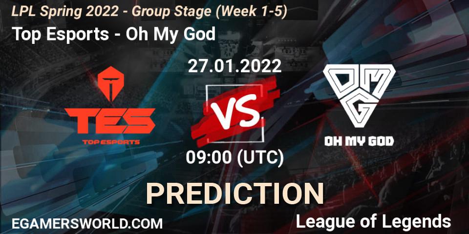 Top Esports contre Oh My God : prédiction de match. 27.01.2022 at 09:00. LoL, LPL Spring 2022 - Group Stage (Week 1-5)