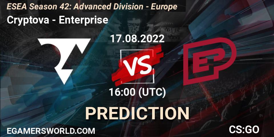 Cryptova contre Enterprise : prédiction de match. 17.08.2022 at 16:00. Counter-Strike (CS2), ESEA Season 42: Advanced Division - Europe