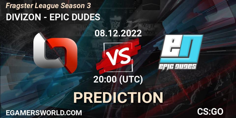 DIVIZON contre EPIC DUDES : prédiction de match. 08.12.2022 at 20:15. Counter-Strike (CS2), Fragster League Season 3