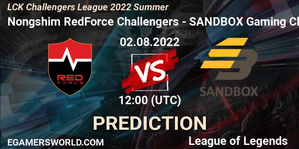 Nongshim RedForce Challengers contre SANDBOX Gaming Challengers : prédiction de match. 02.08.2022 at 12:00. LoL, LCK Challengers League 2022 Summer
