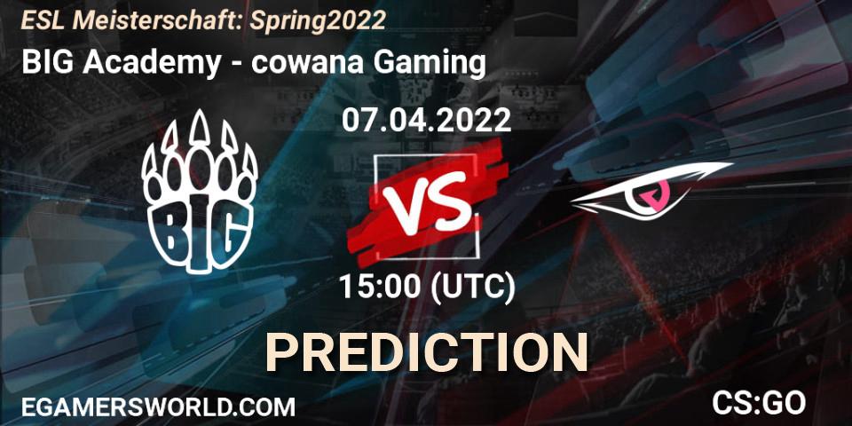 BIG Academy contre cowana Gaming : prédiction de match. 07.04.2022 at 15:00. Counter-Strike (CS2), ESL Meisterschaft: Spring 2022
