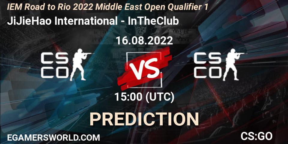 JiJieHao International contre InTheClub : prédiction de match. 16.08.2022 at 15:00. Counter-Strike (CS2), IEM Road to Rio 2022 Middle East Open Qualifier 1