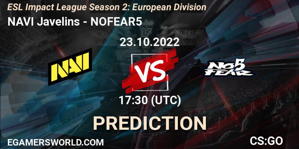 NAVI Javelins contre NOFEAR5 : prédiction de match. 23.10.2022 at 17:30. Counter-Strike (CS2), ESL Impact League Season 2: European Division