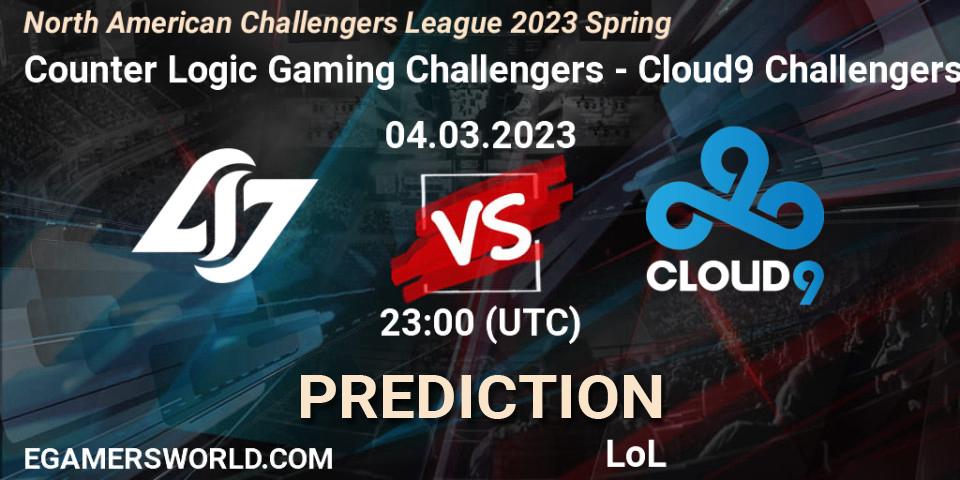 Counter Logic Gaming Challengers contre Cloud9 Challengers : prédiction de match. 04.03.23. LoL, NACL 2023 Spring - Group Stage