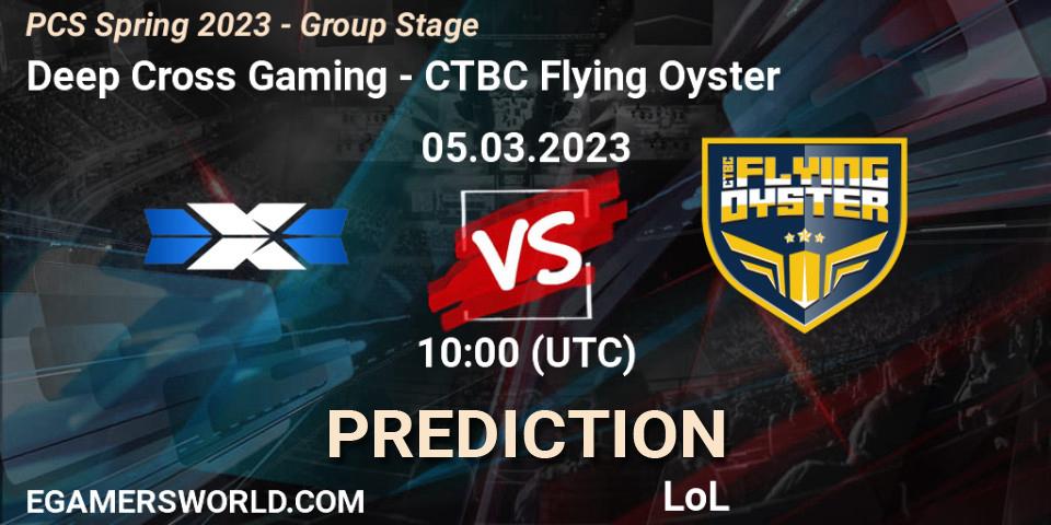 Deep Cross Gaming contre CTBC Flying Oyster : prédiction de match. 11.02.2023 at 11:00. LoL, PCS Spring 2023 - Group Stage