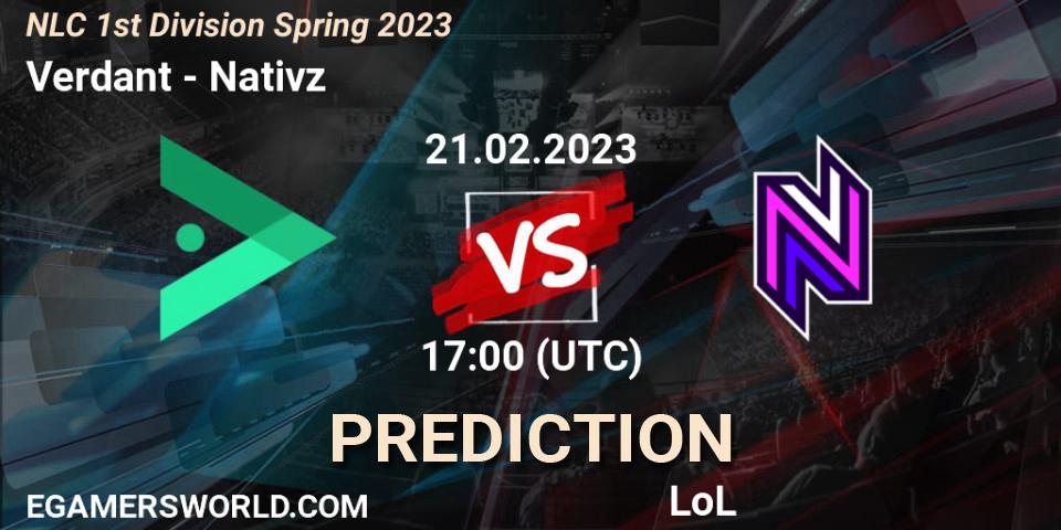 Verdant contre Nativz : prédiction de match. 21.02.2023 at 17:00. LoL, NLC 1st Division Spring 2023