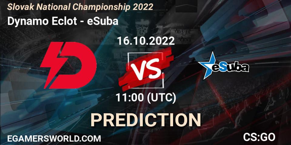 Dynamo Eclot contre eSuba : prédiction de match. 16.10.2022 at 11:00. Counter-Strike (CS2), Slovak National Championship 2022