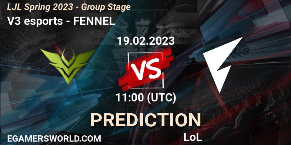 V3 esports contre FENNEL : prédiction de match. 19.02.2023 at 11:00. LoL, LJL Spring 2023 - Group Stage
