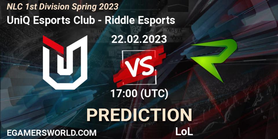 UniQ Esports Club contre Riddle Esports : prédiction de match. 22.02.2023 at 17:00. LoL, NLC 1st Division Spring 2023