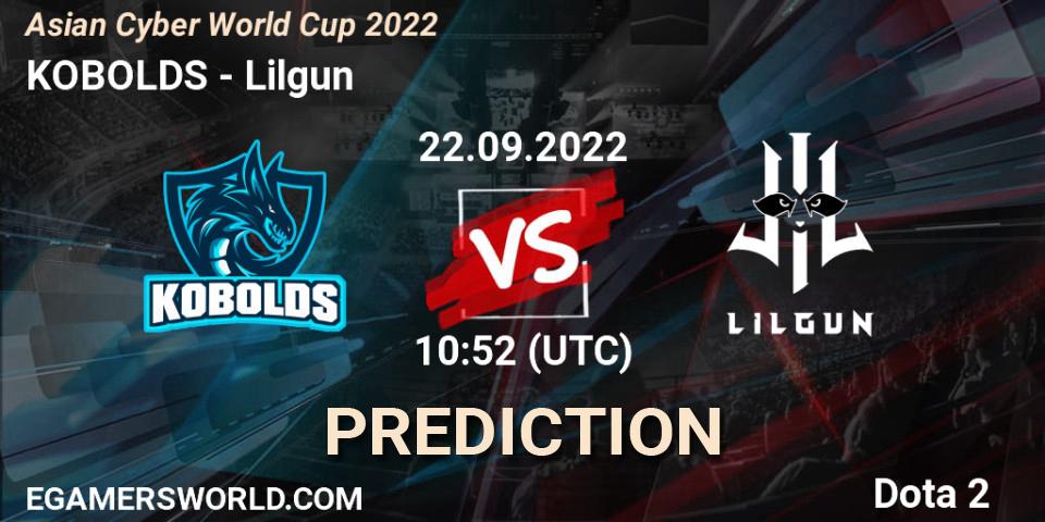 KOBOLDS contre Lilgun : prédiction de match. 22.09.2022 at 10:52. Dota 2, Asian Cyber World Cup 2022