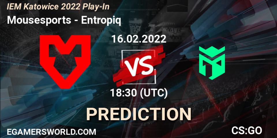 Mousesports contre Entropiq : prédiction de match. 16.02.2022 at 19:05. Counter-Strike (CS2), IEM Katowice 2022 Play-In