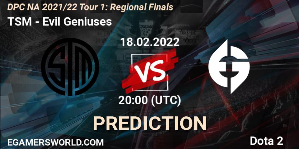 TSM contre Evil Geniuses : prédiction de match. 18.02.2022 at 22:56. Dota 2, DPC NA 2021/22 Tour 1: Regional Finals