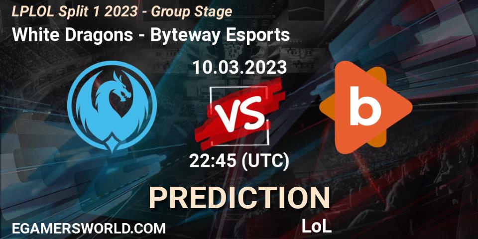 White Dragons contre Byteway Esports : prédiction de match. 10.03.2023 at 22:45. LoL, LPLOL Split 1 2023 - Group Stage