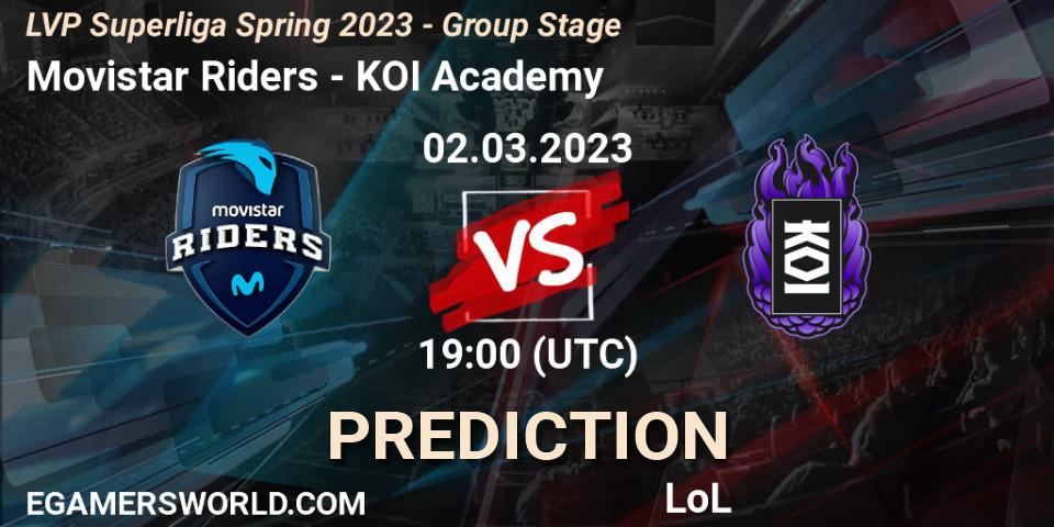 Movistar Riders contre KOI Academy : prédiction de match. 02.03.2023 at 21:00. LoL, LVP Superliga Spring 2023 - Group Stage