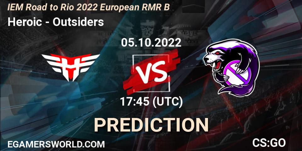 Heroic contre Outsiders : prédiction de match. 05.10.2022 at 17:45. Counter-Strike (CS2), IEM Road to Rio 2022 European RMR B