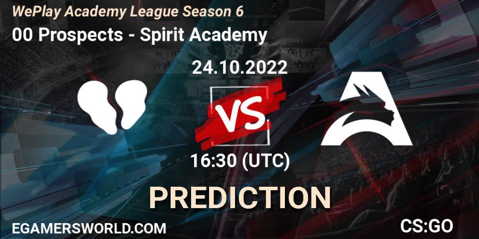 00 Prospects contre Spirit Academy : prédiction de match. 24.10.2022 at 16:00. Counter-Strike (CS2), WePlay Academy League Season 6