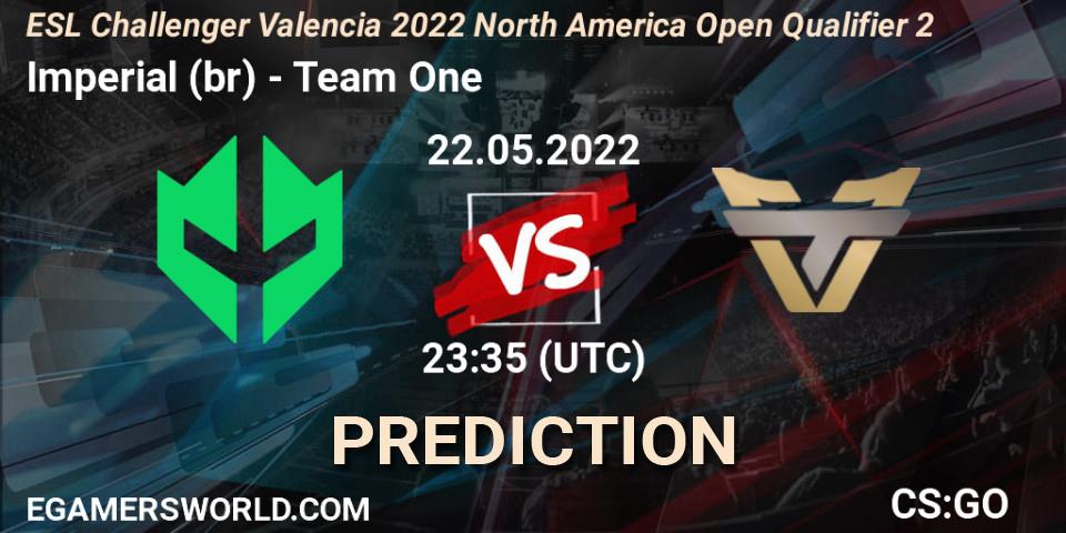 Imperial (br) contre Team One : prédiction de match. 22.05.2022 at 23:35. Counter-Strike (CS2), ESL Challenger Valencia 2022 North America Open Qualifier 2