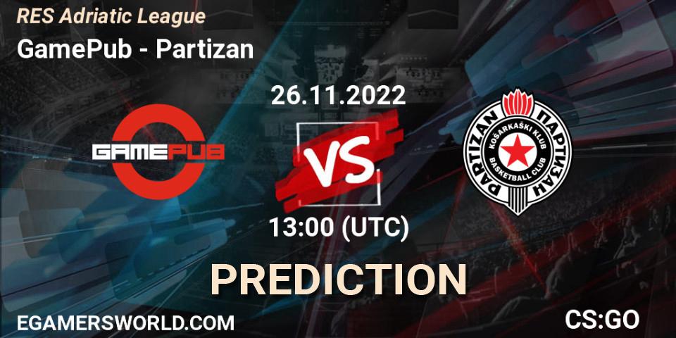 GamePub contre Partizan : prédiction de match. 26.11.2022 at 13:00. Counter-Strike (CS2), RES Adriatic League