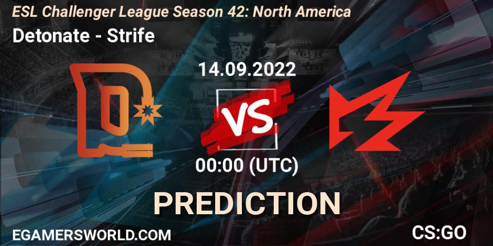 Detonate contre Strife : prédiction de match. 14.09.2022 at 00:00. Counter-Strike (CS2), ESL Challenger League Season 42: North America