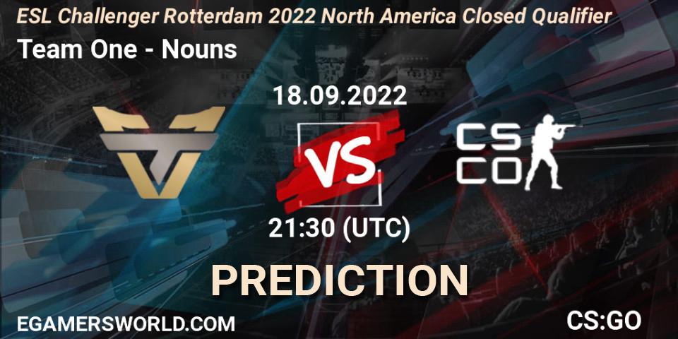 Team One contre Nouns : prédiction de match. 18.09.2022 at 21:30. Counter-Strike (CS2), ESL Challenger Rotterdam 2022 North America Closed Qualifier