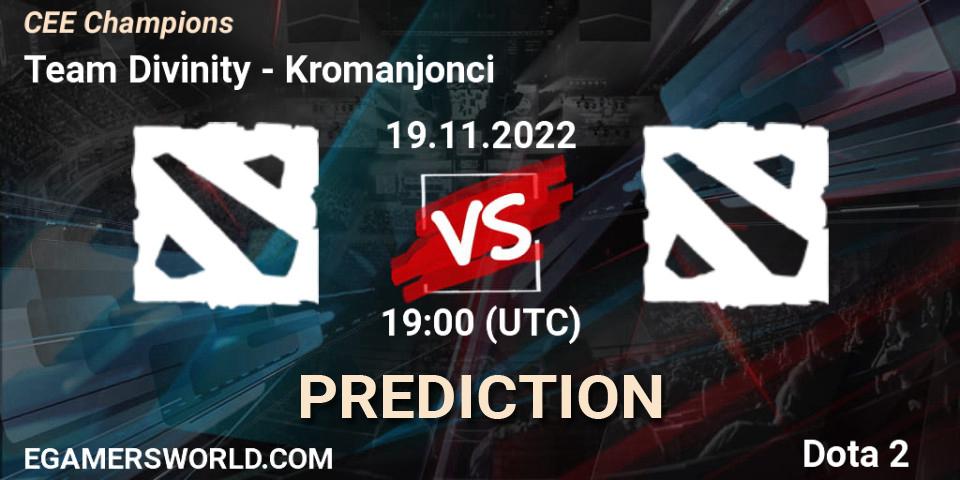 Team Divinity contre Kromanjonci : prédiction de match. 19.11.2022 at 20:01. Dota 2, CEE Champions