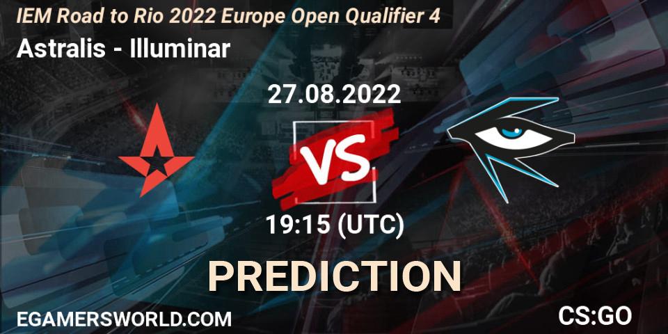 Astralis contre Illuminar : prédiction de match. 27.08.2022 at 19:15. Counter-Strike (CS2), IEM Road to Rio 2022 Europe Open Qualifier 4