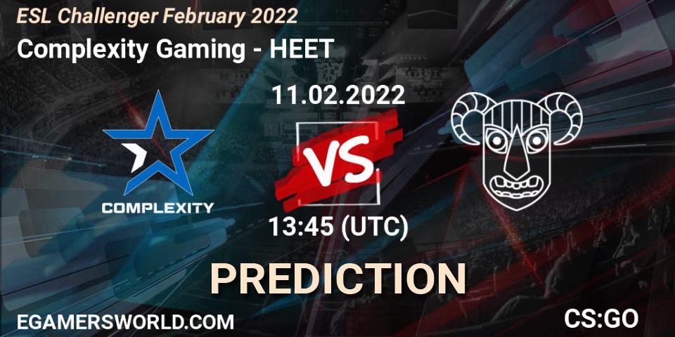 Complexity Gaming contre HEET : prédiction de match. 11.02.2022 at 14:00. Counter-Strike (CS2), ESL Challenger February 2022