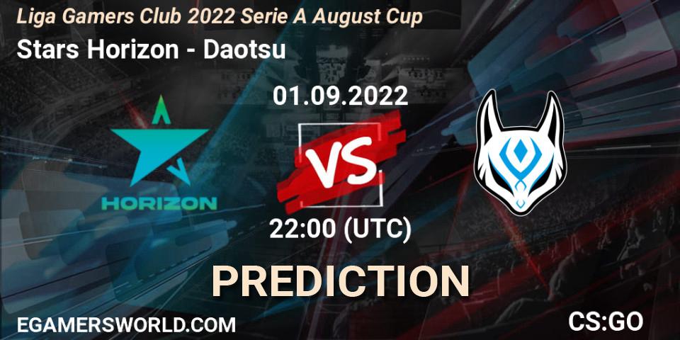 Stars Horizon contre Daotsu : prédiction de match. 01.09.2022 at 22:00. Counter-Strike (CS2), Liga Gamers Club 2022 Serie A August Cup
